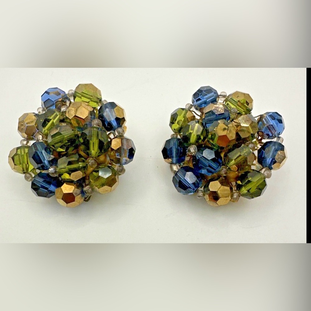 Marvella Topaz Aurora Borealis Bead Clip-on Earrings Colorful 1950s Vtg Bling